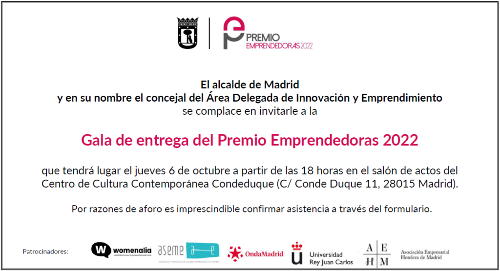 Invitación a la Gala de entrega del Premio Emprendedoras 2022