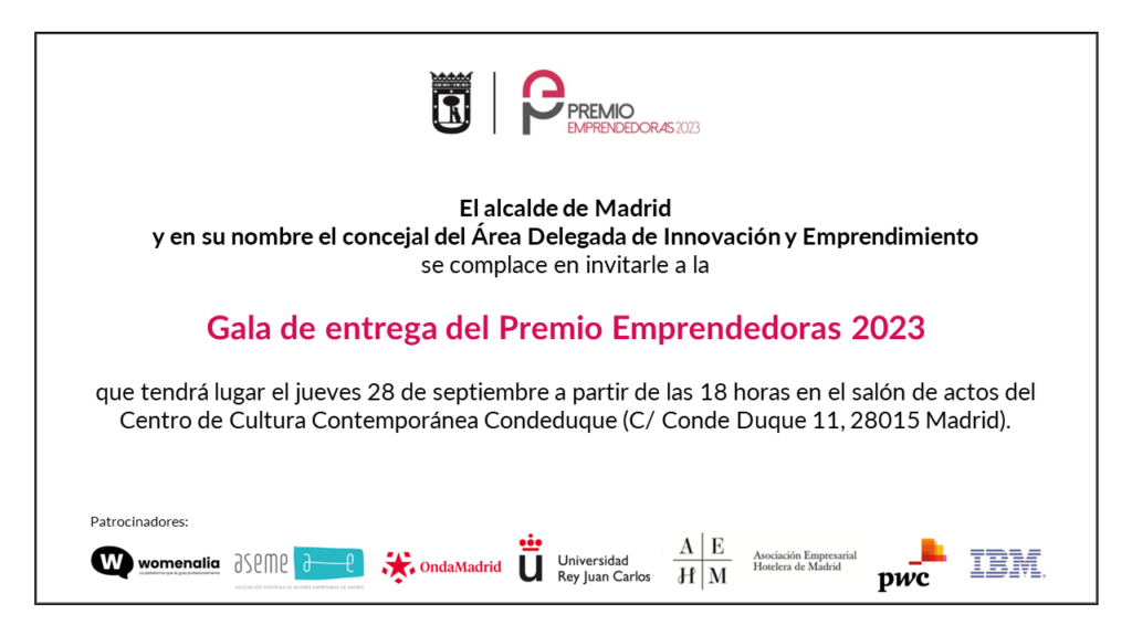 Invitación gala de entrega del Premio Emprendedoras 2023